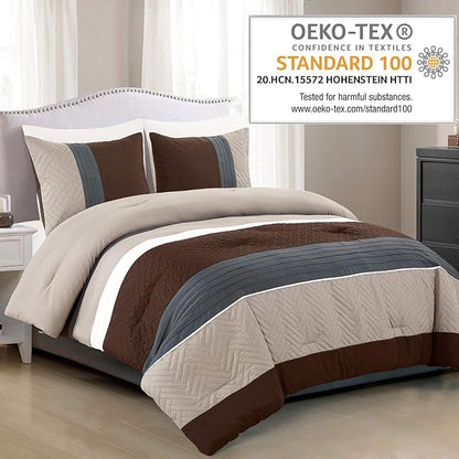 WPM 3 Piece Modern Design Queen Comforter Set. Multicolor Grey/Coffee Brown/Beige Taupe Color All Season Down Alternative Bedding Decor- Leni (Queen)