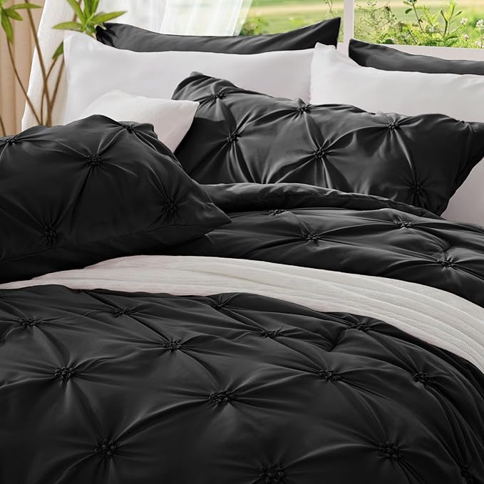 BEDELITE Black King Size Comforter Set - 3 Pieces Boho Pintuck Bedding Comforter Sets, Lightweight Soft & Warm King Bedding Set with 2 Pillowcases for All Season