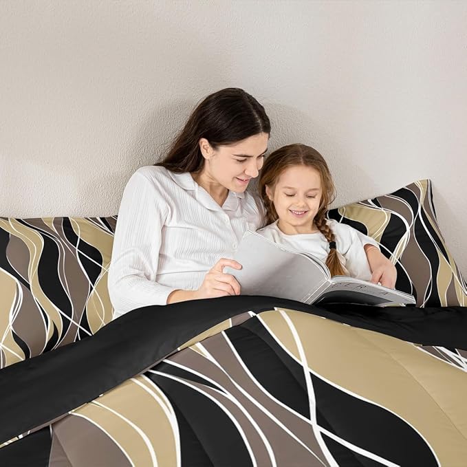 Erosebridal Aesthetic Modern Comforter Set King Abstract Artwork Bedding Set, Black Geometric Bedding Comforter Sets Brown Stripe Duvet Sets, Lightweight Soft Cozy Quilted Comforter with 2 Pillow Case