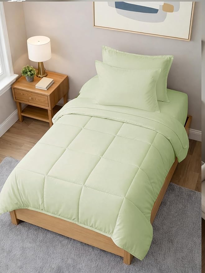 Twin XL Comforter Set - 5 Piece Bed in a Bag Twin XL Size Bed Set - Down Alternative Comforter, Flat Sheet, Fitted Sheet, Pillowcase & Sham for All Seasons - Ultra Soft & Breathable - Light Sage Green