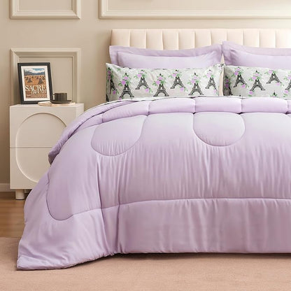 ARTALL Twin Bed in a Bag 5 Pieces, Light Purple Solid Comforter with Eiffel Tower Floral Sheet Set, French Chic Style Soft Bedding Sets with Comforter, Sheets, Pillowcase & Sham for All Seasons