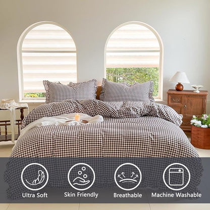 NSNLGSGC Mocha Ruffle Gingham Comforter Set Queen, Pre-Washed Ruffled Coffee Plaid Checked Comforter Bedding, 3 Pieces Vintage Farmhouse Grid Bedding Set(Mocha Gingham, Queen)