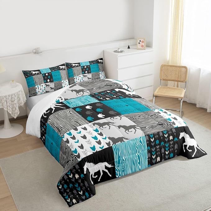 Horse Comforter Set King Size Patchwork Teal Unicorn Bedding Set For Kids Boys Girls Black Gray Wild Horses Wood Grain Down Comforter Geometric Lattice Arrow Grid Animal Room Decor Duvet Set