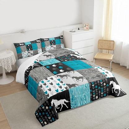 Horse Comforter Set King Size Patchwork Teal Unicorn Bedding Set For Kids Boys Girls Black Gray Wild Horses Wood Grain Down Comforter Geometric Lattice Arrow Grid Animal Room Decor Duvet Set
