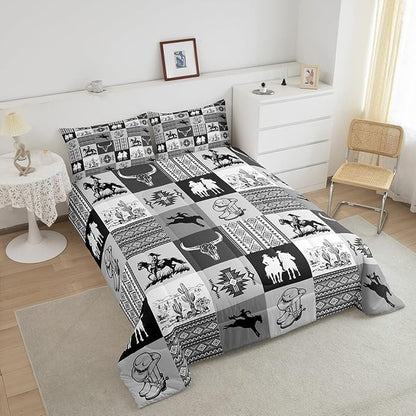 Southwestern Comforter Set,Cowboy Bedding Sets 3Pcs for Boys Girls Adult Room Decor,Aztec Boho Tribal Striped Quilt Set Bull Skull Cowboy Boots Print Black Grey Grid Duvet Insert Queen Size
