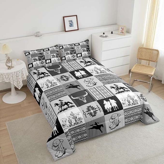Southwestern Bedding Sets,Cowboy Comforter Set 2Pcs for Boys Girls Adult Room Decor,Aztec Boho Tribal Striped Quilt Set Bull Skull Cowboy Boots Print Black Grey Grid Duvet Insert Twin Size