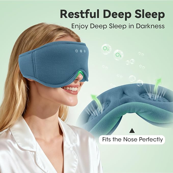 3D Bamboo Cotton Sleep Mask with Bluetooth 5.4 Headphone, Music Wireless Bluetooth Blackout Eye Mask for Side Sleepers, Earphones HD Speaker Microphone for Travel, Gifts for Women Men, Blue