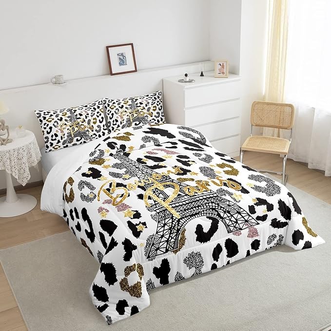Feelyou Eiffel Tower Comforter Set Leopard Print Bedding Set for Kids Boys Girls Paris Tower Comforter Cheetah Print Quilt Set 1 Comforter Set with 2 Pillowcases Queen Size
