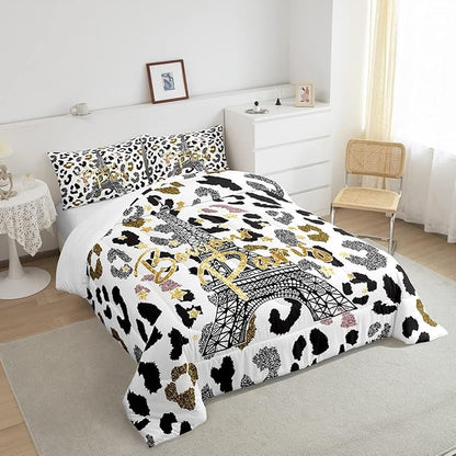 Feelyou Eiffel Tower Comforter Set Leopard Print Bedding Set for Kids Boys Girls Paris Tower Comforter Cheetah Print Quilt Set 1 Comforter Set with 2 Pillowcases King Size