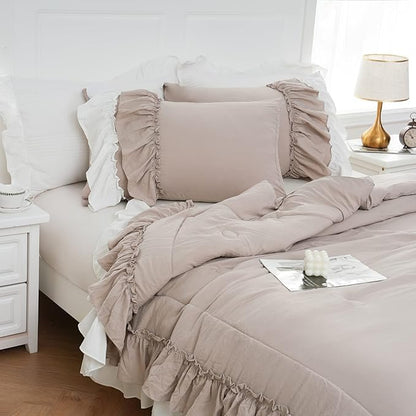 Bedding_Dreamer Boho Comforter Set Queen Size Farmhouse Comforter Shabby Chic 2 Layers Ruffles Decor Ultra Soft Washed Microfiber Taupe Bed Comforter Set 1 Comforter 2 Pillowcases (Taupe, Queen)…