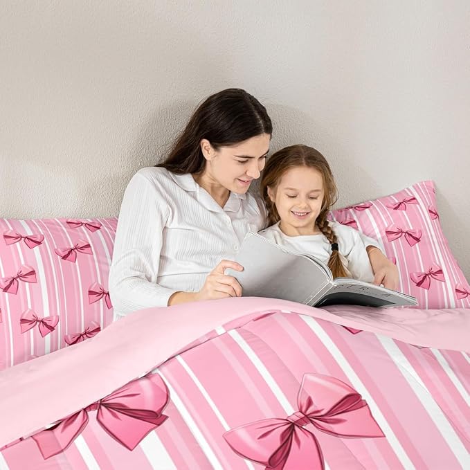 Erosebridal Pink Bowknot Bedding Set for Girls Bedroom, Dreamy Princess King Size Comforter Set, Cute Bow Girly Down Comforter, Kawaii Stripes Quilt,Lightweight Bedroom Decor