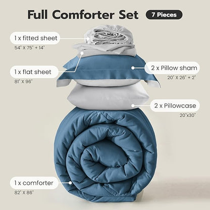 JOIEDOMI Full Size Comforter Set with Sheets Blue, 7 Pieces Full Size Bed Set with 1 Down Alternative Comforter, 1 Flat Sheet, 1 Fitted Sheet, 2 Pillowcases and 2 Pillow Shams Bed in a Bag All Seasons