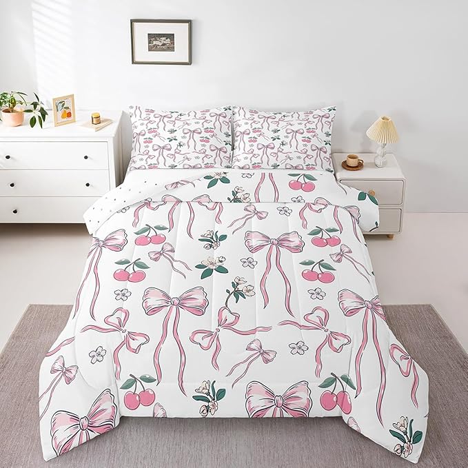 Feelyou Pink Girls Bow Comforter Set for Kids Boys Girls Kawaii Cherry Print Comforter Full Size Cute Bowknot Bedding Set Bedroom Decor Floral Botanical Duvet Set Kawaii Quilt Set 3Pcs