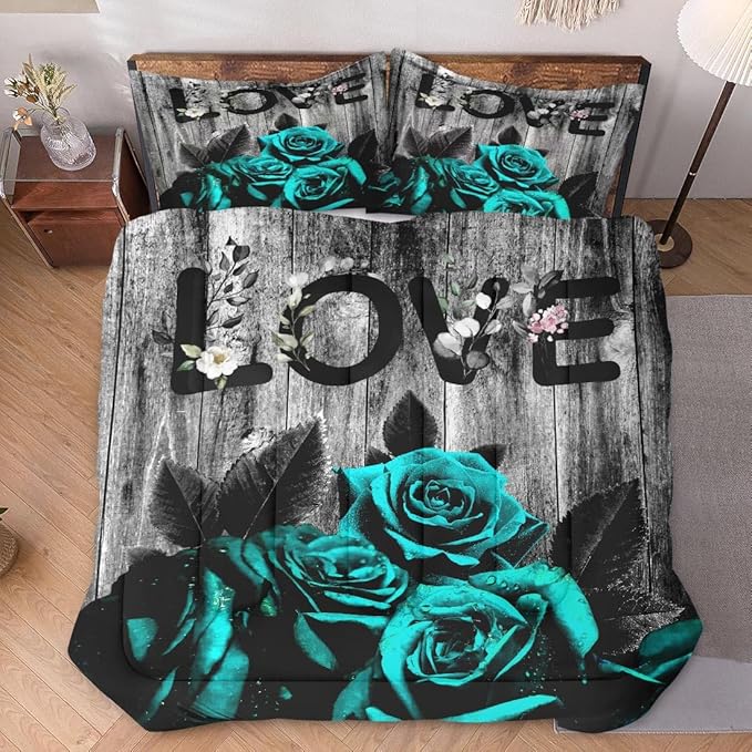 Twin Size Comforter Set with Pillowcase, Cyan Rose Flower Love 2 Pcs Bedding for Kids and Adults, Summer Vintage Woodboard Soft Comforter Set for Bedroom Bed Decor