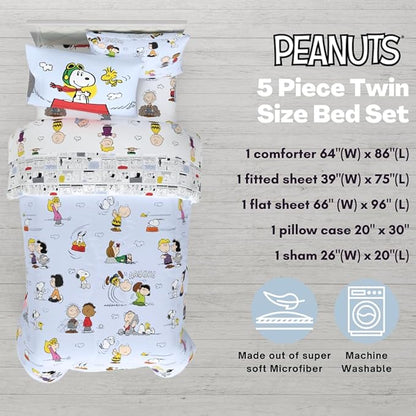 Peanuts Charlie Brown, Snoopy & Gang Bedding, 5 Piece Super Soft Cozy Reversible Comforter and Sheet Set with Sham, Twin, (100% Official Licensed Product) by Franco Collectibles