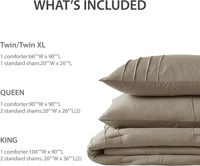 King Size Comforter Set Khaki, 3 Pieces Bedding Set, Ultra Soft Prewashed Bed Set, Pinch Pleat All Seasons Lightweight Comforter and Shams