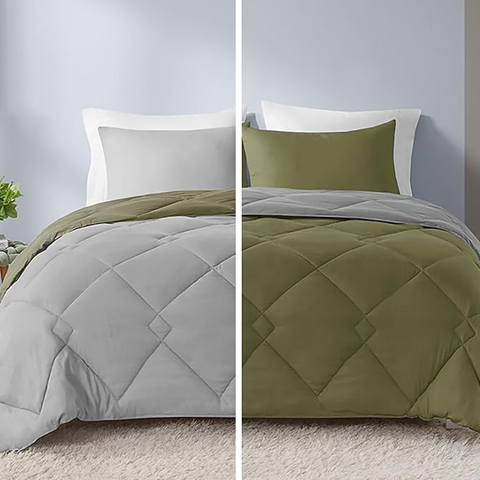 Comfort Spaces King Comforter Set, Chic Reversible Quatrefoil Quilting Comforters King, All Seasons, Lightweight Microfiber Bedding Set Matching Sham, Vixie, King Green/Grey 3 Piece