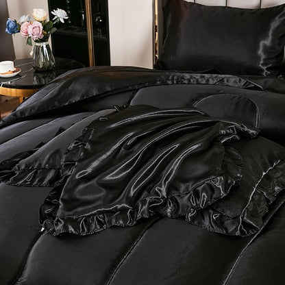 Satin Comforter Set with Sheet Set Full 8 Pcs Silk Like Black Bedding Set Silky Ruffle Pattern Luxury Silky Comforter Set with 1 Cushion Cover