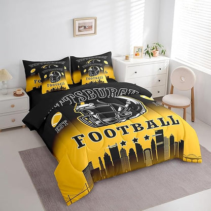 Erosebridal American Soccer Twin Bed in A Bag for Kids Boys Teen Adults,Sports Rugby 7 Pcs Bedding Set Football City Comforter Set with Sheets Ball Competitive Games Black Yellow Bed Set