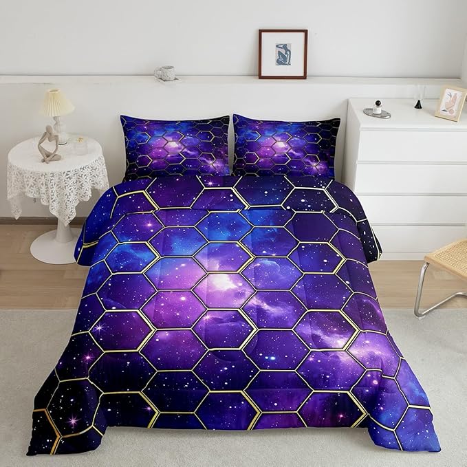 Manfei Galaxy Honeycomb Comforter Set Queen Size, Geometric Hexagon Print Bedding Set 3pcs, Blue Purple Starry Sky Down Comforter for All Season, Kids Boys Girls Room Decor, 2 Pillowcases