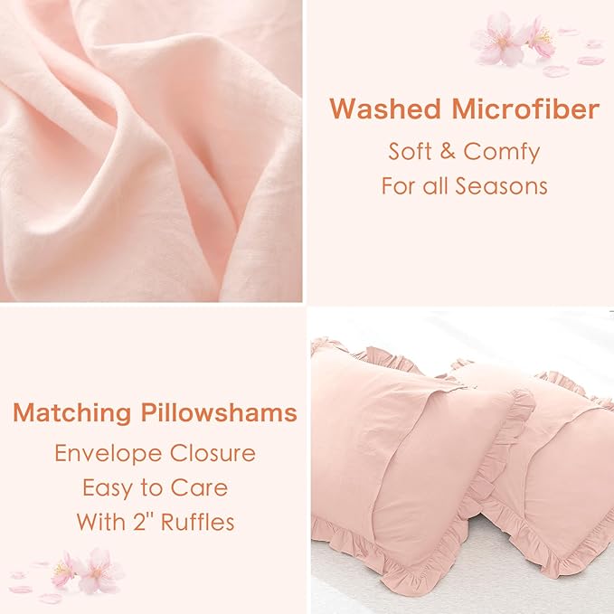 Masaca Blush Pink Comforter Set Queen,Farmhouse Shabby Boho Chic Comforter,Vintage Rustic Soft Microfiber Down Alternative Bedding Comforter Set 3PCS(1 Ruffled Comforter and 2 Pillowcases)