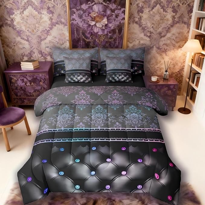 Rainbow Damask Full Size Bed Sheets and Comforter Set | Antique Decor Gothic Vintage Floral 7 Piece Bedding Set Luxury Gradient Diamond Texture Pattern Bohemian Bed in a Bag, Boho Baroque Room Decor