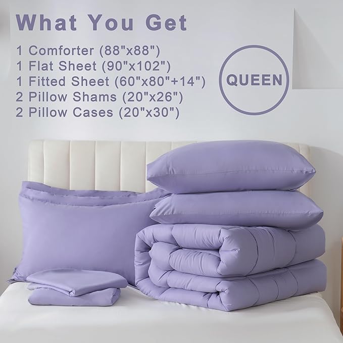 DOWNCOOL Queen Comforter Set, 7Pcs Bedding Sets Queen Purple, All Season Down Alternative Bed in a Bag Queen with Comforter, Flat Sheet, Fitted Sheet, 2 Pillow Shams & 2 Pillowcases
