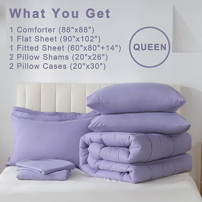 DOWNCOOL Queen Comforter Set, 7Pcs Bedding Sets Queen Purple, All Season Down Alternative Bed in a Bag Queen with Comforter, Flat Sheet, Fitted Sheet, 2 Pillow Shams & 2 Pillowcases