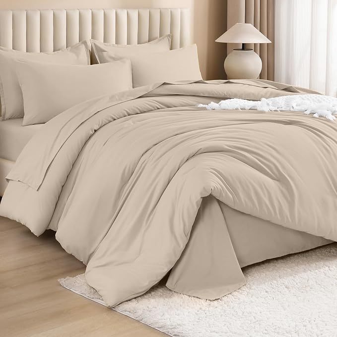 Litanika Comforter King Size Set Khaki - 7 Pieces Bed in a Bag King Bedding Comforter Sets, Plain Lightweight Bed Set with Comforter, Sheets, Pillowcases & Shams