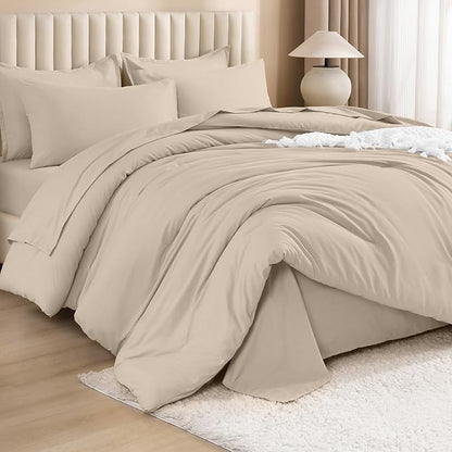 Litanika Comforter Queen Size Set Khaki - 7 Pieces Bed in a Bag Queen Bedding Comforter Sets, Plain Lightweight Bed Set with Comforter, Sheets, Pillowcases & Shams