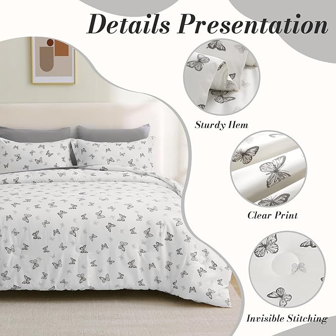 7 Pieces Black Butterfly Comforter Set for Girls Kids Soft Fluffy Bedding Set Twin Size Bed in A Bag as Gifts (1 Comforter, 1 Flat Sheet, 1 Fitted Sheet, 2 Pillowcase and 2 Pillow Sham)