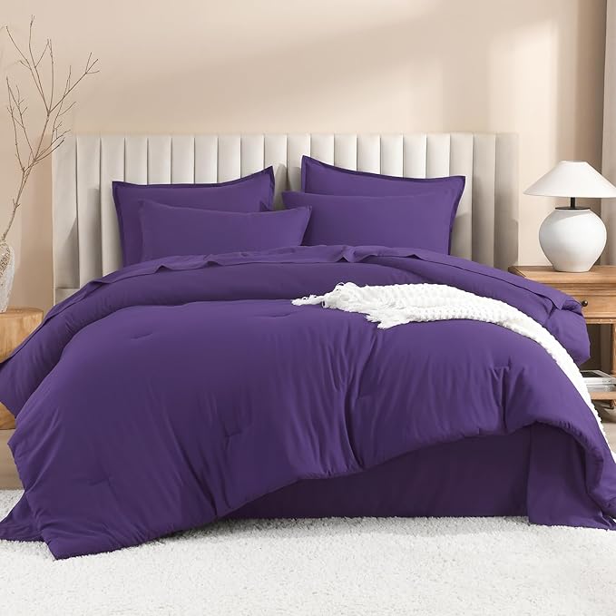 Litanika Comforter California King Size Set Purple - 7 Pieces Bed in a Bag California King Bedding Comforter Sets, Plain Lightweight Bed Set with Comforter, Sheets, Pillowcases & Shams
