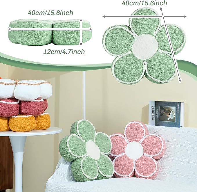 Sioloc Flower Shaped Pillow Daisy Pillows Floor Cushion Pastel Cute Seat Cushions Aesthetic Classroom Dorm Decorative Fun Throw Pillow for Bed,Couch(Sage Green,15.7")