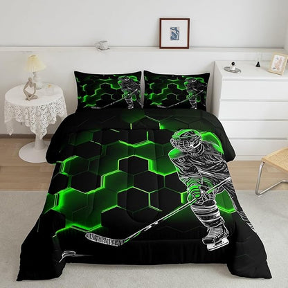 Erosebridal Twin Comforter Set for Boys,Ice Hockey Bedding Set for Kids,Green Neon Honeycomb Quilted Duvet,Winter Hockey Puck Sketch Duvet Insert with 1 Pillowcase Lightweight Warm