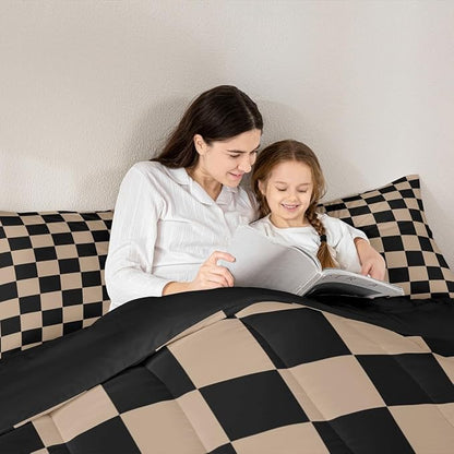 Feelyou Checkered Retro Kids Comforter Set Toddler Size Brown Plaid Bedding Set Geometric Vintage Duvet Quilt for Kids Boys Girls Bedroom Modern Simple Groovy Aesthetic Decor