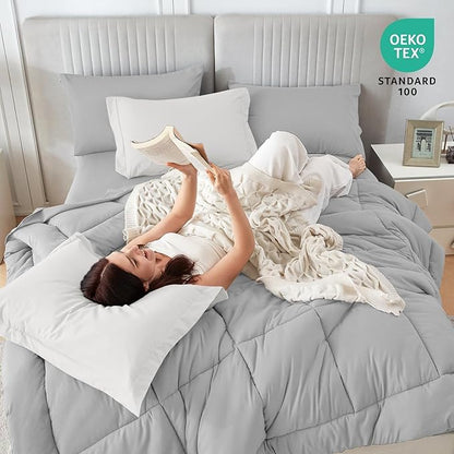 Sasttie King Size Comforter Set, 7 Pieces Bed in a Bag King, Complete Bedding Set Includes Comforter, Flat Sheet, Fitted Sheet, Pillowcases and Pillow Shams, Ivory & Light Grey