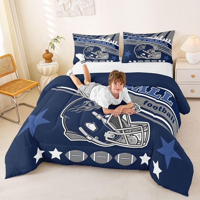 Feelyou Football Bedding Set Boys Girls Twin Size Rugby Sports Comforter Set Sports Themed Women Men Football City Duvet Quilt Gray Blue Bedroom Decor