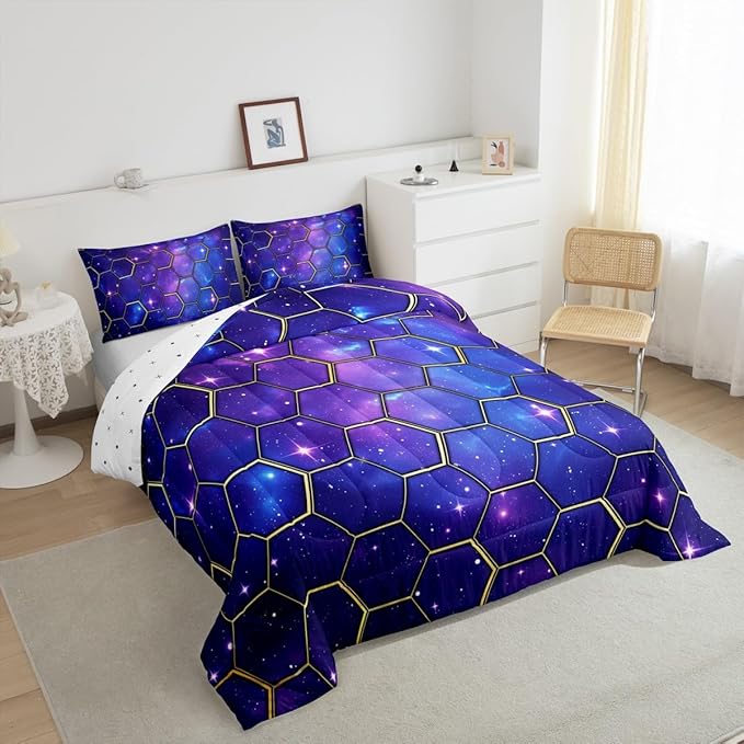 Manfei Yellow Honeycomb Comforter Set Toddler Size, Blue Galaxy Bedding Set 2pcs, Geometric Hexagon Print on Starry Sky Down Comforter for All Season, Kids Boys Girls Room Decor, 1 Pillowcase