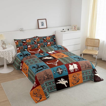 Southwestern Cowboy Bedding Sets Twin Size,Boho Aztec Tribal Cactus Print Comforter Set for Kids Girls Boys Adult Room Decor,Vintage Colorful Geometric Check Print Quilt Set,1 Pillowcase
