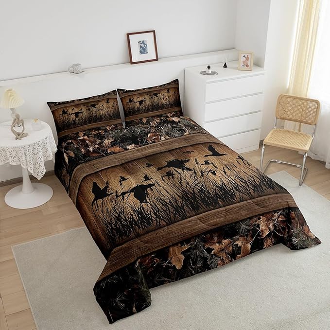 Erosebridal Camo Mallard Duck Comforter Set for Kids Boys Men Rustic Farmhouse Cabin Bedding Comforter Sets Twin,Hunting Woodland Duck Bedding Set Country Wood Board Animal Silhouette Bed Set