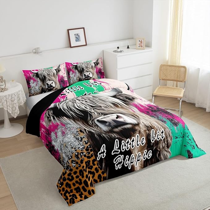 Erosebridal Highland Cow Bedding Set Leopard Print Down Comforter for Boys Teens,Hippie Bull Cattle Comforter Set Wildlife Farmhouse Cow Duvet Filler,Western Funny Animal Room Decor Queen Size