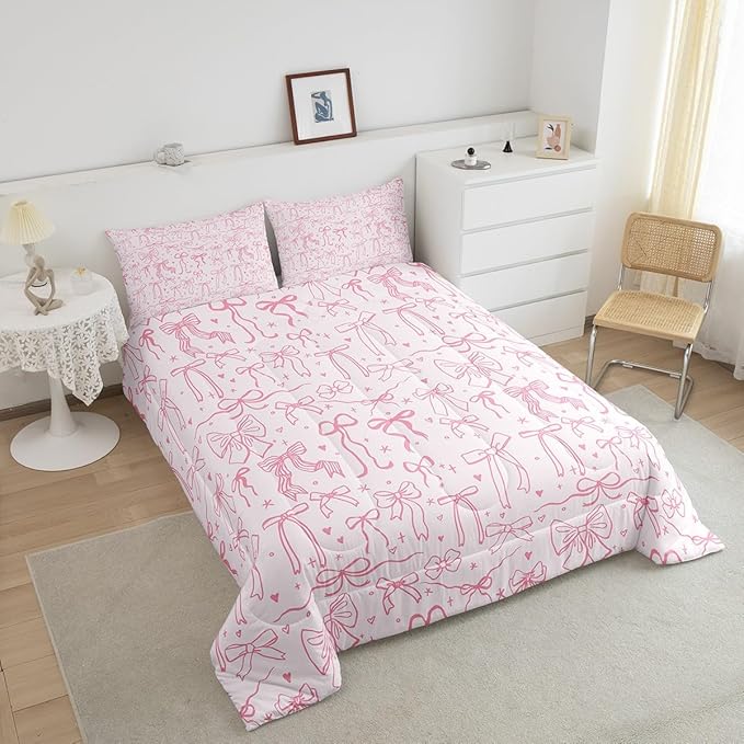 Pink Bowknot Kids Comforter Set Full Size,Princess Girl Bedding Sets,Cartoon Bow Tie Butterfly Knot Quilt Set Bow Stars Love Pink Sweet Girly Duvet Insert Child Teens Woman Room Decor 3Pcs