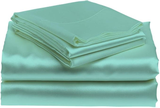 100% Pure Silk Satin Sheet 4pcs, Silk Fitted Sheet 15" Deep Pocket Mattress fit,Silk Flat Sheet&Silk Pillowcases Cool Soft Silk Sheets|Wrinkle Free Fade Resistant Short Queen Aqua Blue