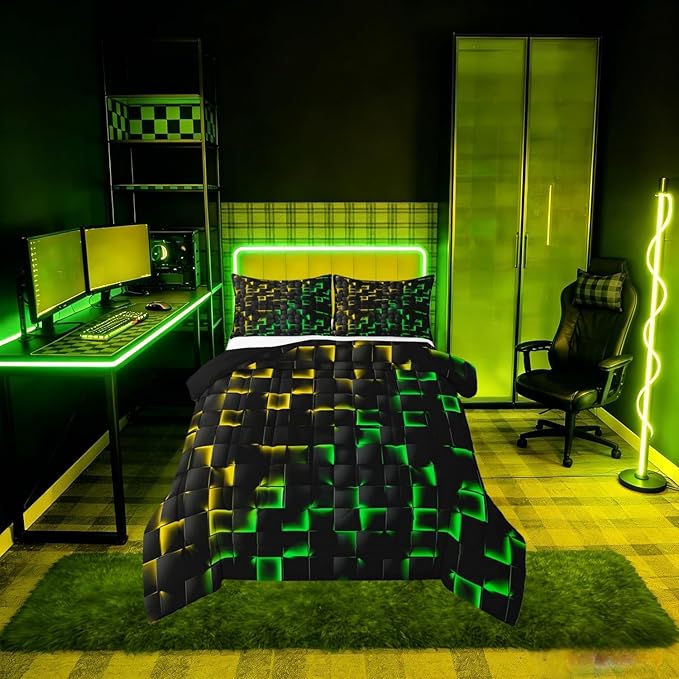 Erosebridal Geometric Checkered Comforter Set Twin Neon Yellow Green Bedding Set for Kids Boys Teen Gamer Room Decor,Abstract Ombre Plaid Comforter Grids Quilt Duvet Black