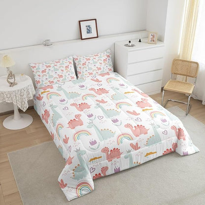 Feelyou Cartoon Dino Comforter Set Queen, Pink Green Dinosaur Comforter Cute Jungle Dino Comforter Set for Kids Boys Girls Cute Rainbow Duvet Set Microfiber Quilt Set