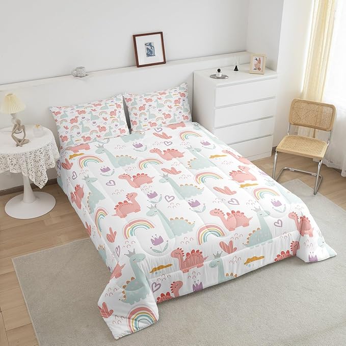 Feelyou Cartoon Dino Comforter Set Full, Pink Green Dinosaur Comforter Cute Jungle Dino Comforter Set for Kids Boys Girls Cute Rainbow Duvet Set Microfiber Quilt Set
