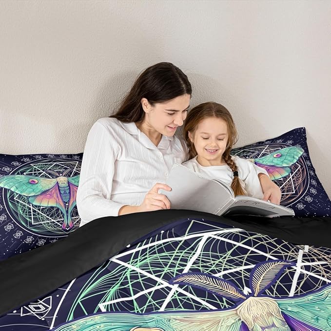Erosebridal Moth Comforter Butterfly Bedding Set Queen Size Gothic Decor Down Comforter Geometric Comforter Set Halloween Duvet Set for Kids Boys Girls Teens Room Dorm Decorative, Navy Blue