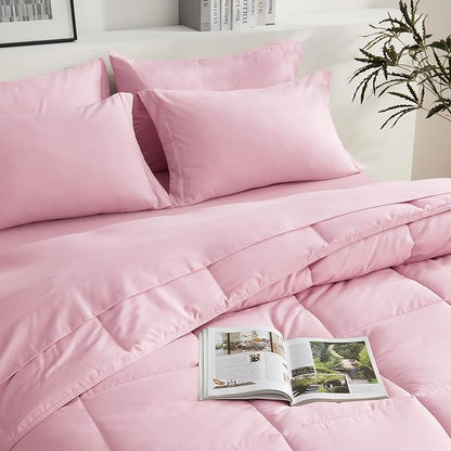 COZYART King Comforter Set 7 Pcs, Pink Bed in a Bag, All Season Lightweight Soft Reversible Bedding Set, 1 Comforter, 1 Flat Sheet, 1 Fitted Sheet, 2 Pillow Shams, 2 Pillowcases