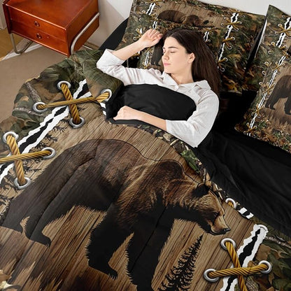 Cabin Full Size Bed Sheets and Comforter Set | Wild Bear Grizzly 7-Piece Bedding Set Mens Camouflage Bed in a Bag, Woodland Hunting Animals Bed Sets,Camo Rustic Farmhouse Decor Camo Bed Set