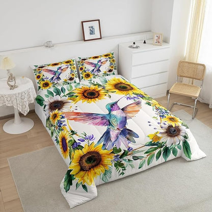 Erosebridal Girls Hummingbird Queen Bedding Set Rustic Sunflower Comforter Set for Kids Women Garden Watercolor Bird Flowers Quilt Comforter Farmhouse Botanical Leaves Floral Bed Set 2 Pillow Cases